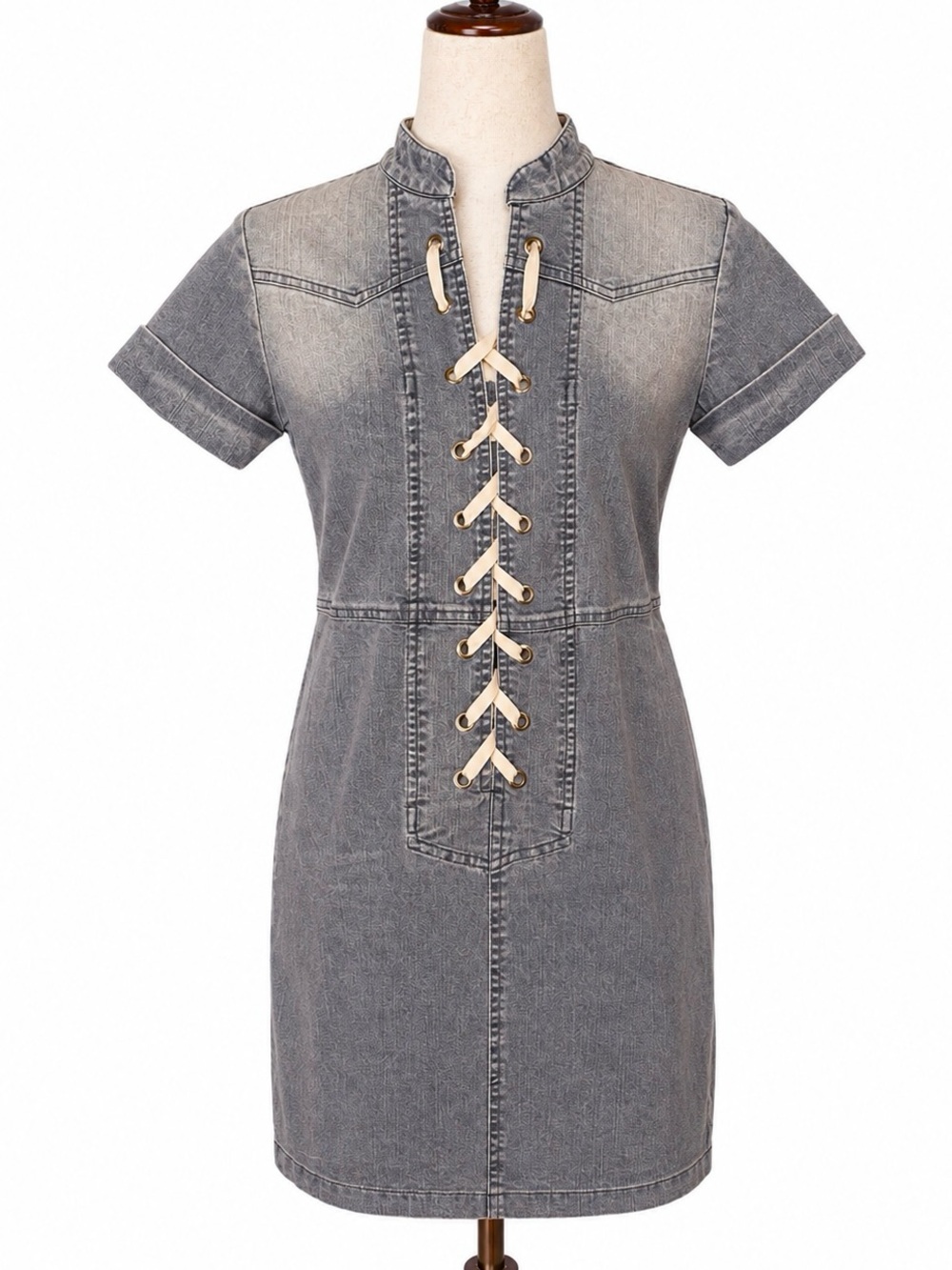 RS Jeans denim lace up mini dress. Stone washed and distressed. S
